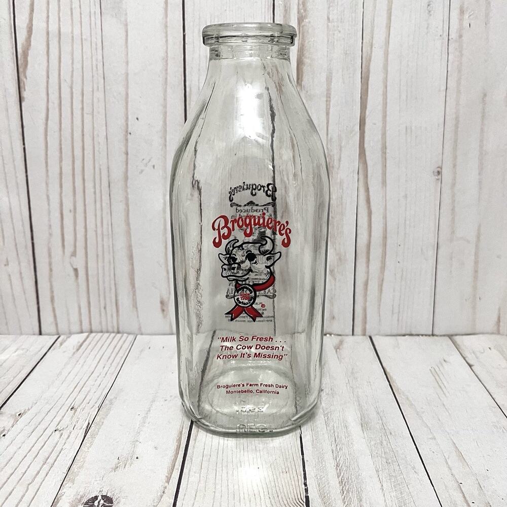 Vintage Broguiere's Milk 1 Quart Glass Bottle Cow California Fresh Farmhouse